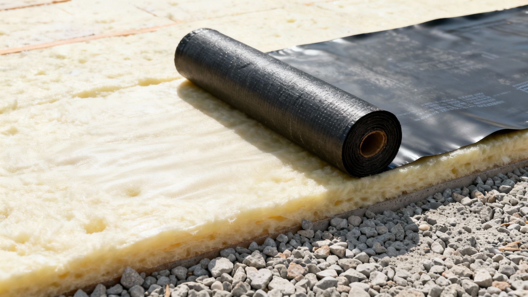 En rulle sort membran og gul isolering lægges på et terrændæk med grus, klar til installation.