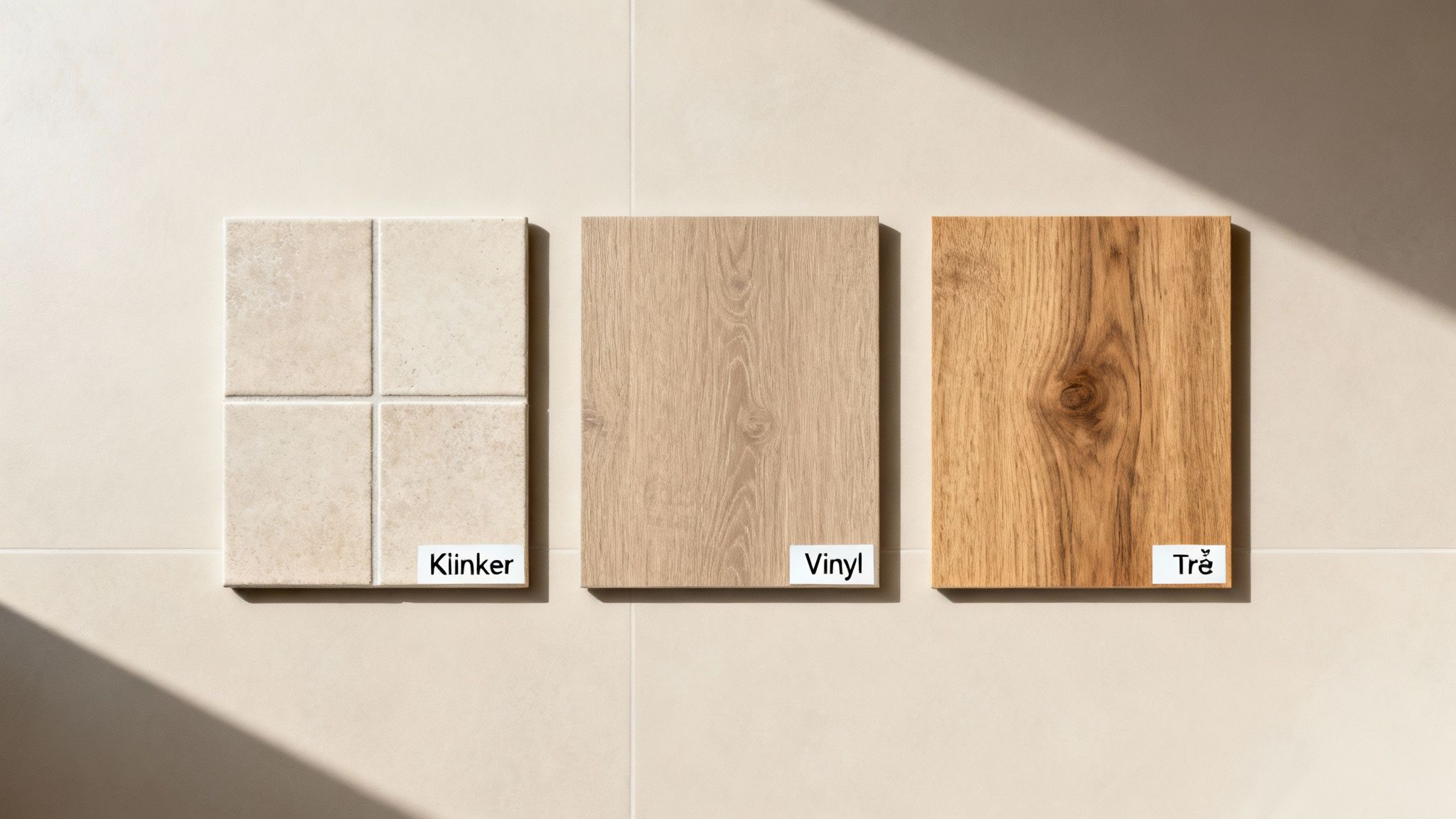 Tre gulvprøver af klinker, vinyl og træ er udstillet på et flisebelagt gulv med skygger, hvilket viser forskellige materialevalg.