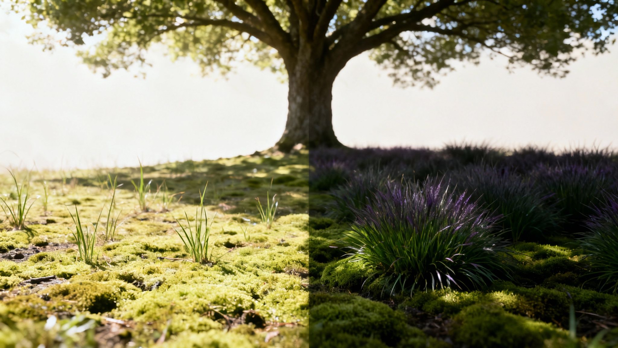 En sund græsplæne der vokser i skyggen af store træer.