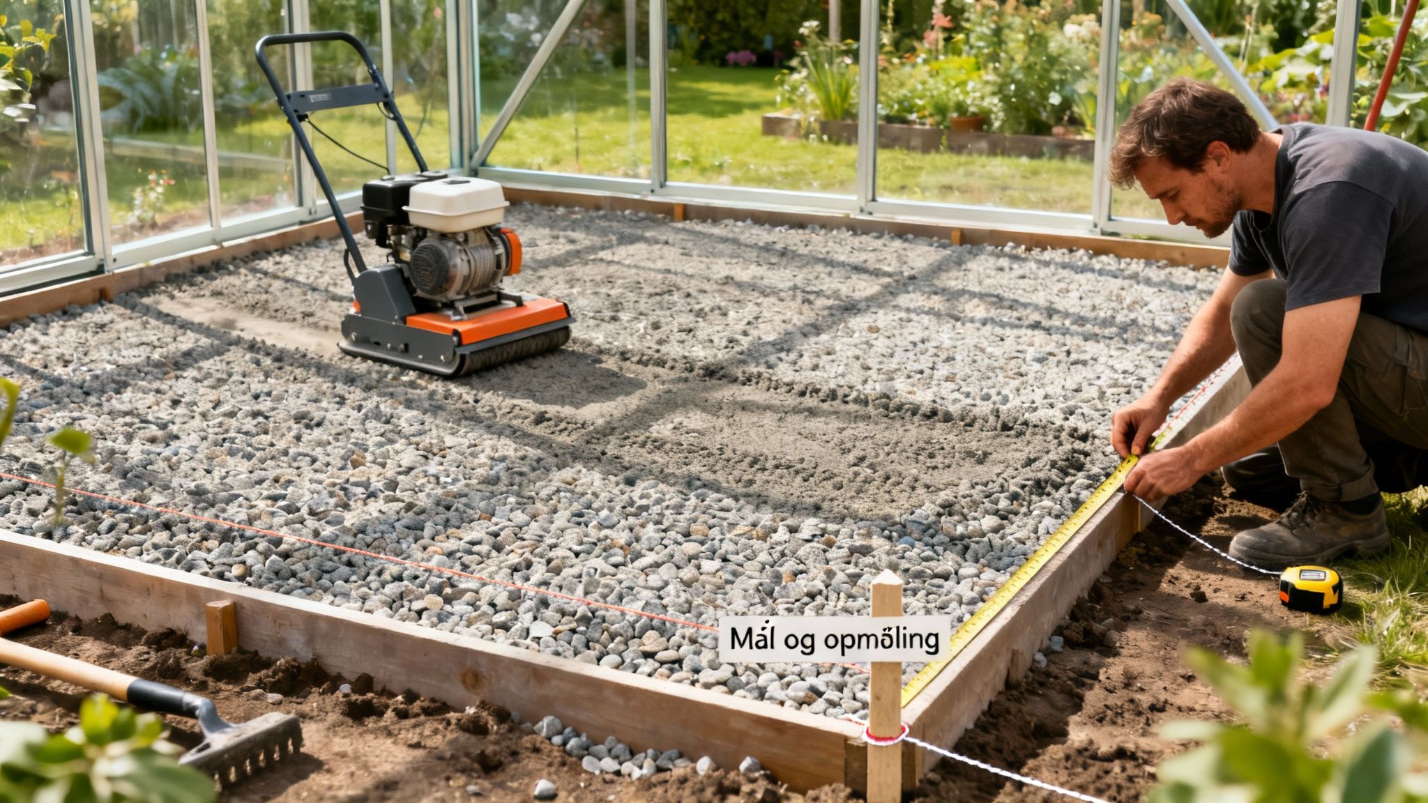 Mand måler fundamentet til et drivhus, mens jorden komprimeres med en pladevibrator. Et byggeprojekt med grus i et drivhus.