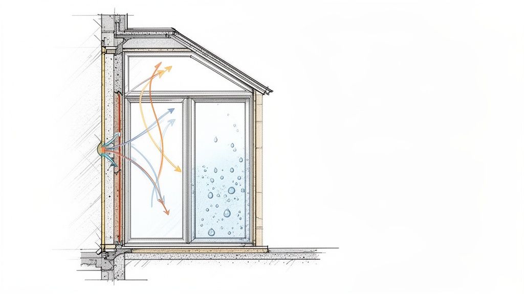 Detaljeret tværsnit af vindueskonstruktion, der viser luftstrøm og kondens på glasset.