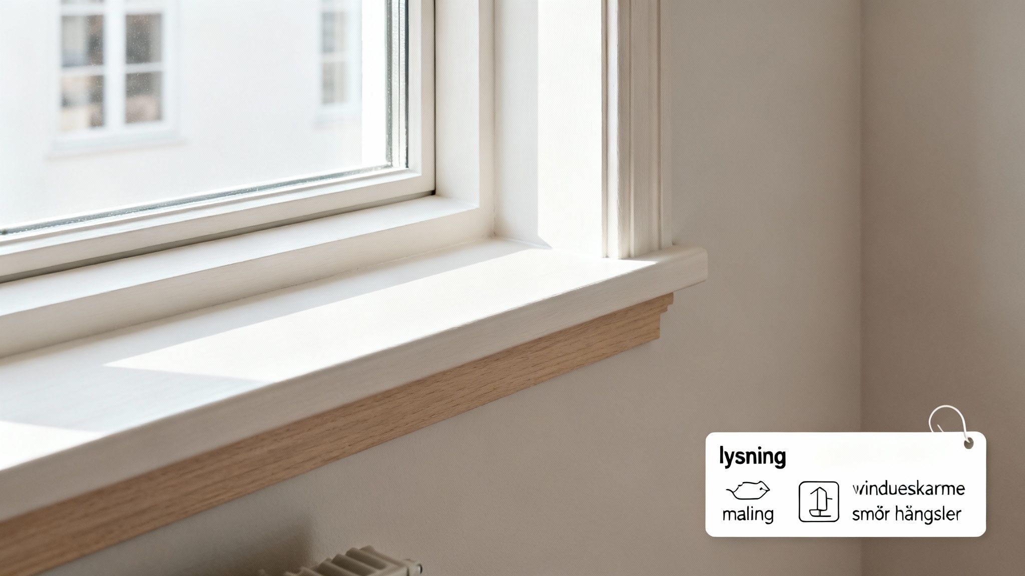 Et lyst billede af en hvid vindueskarm med trædetaljer og sollys der falder ind.