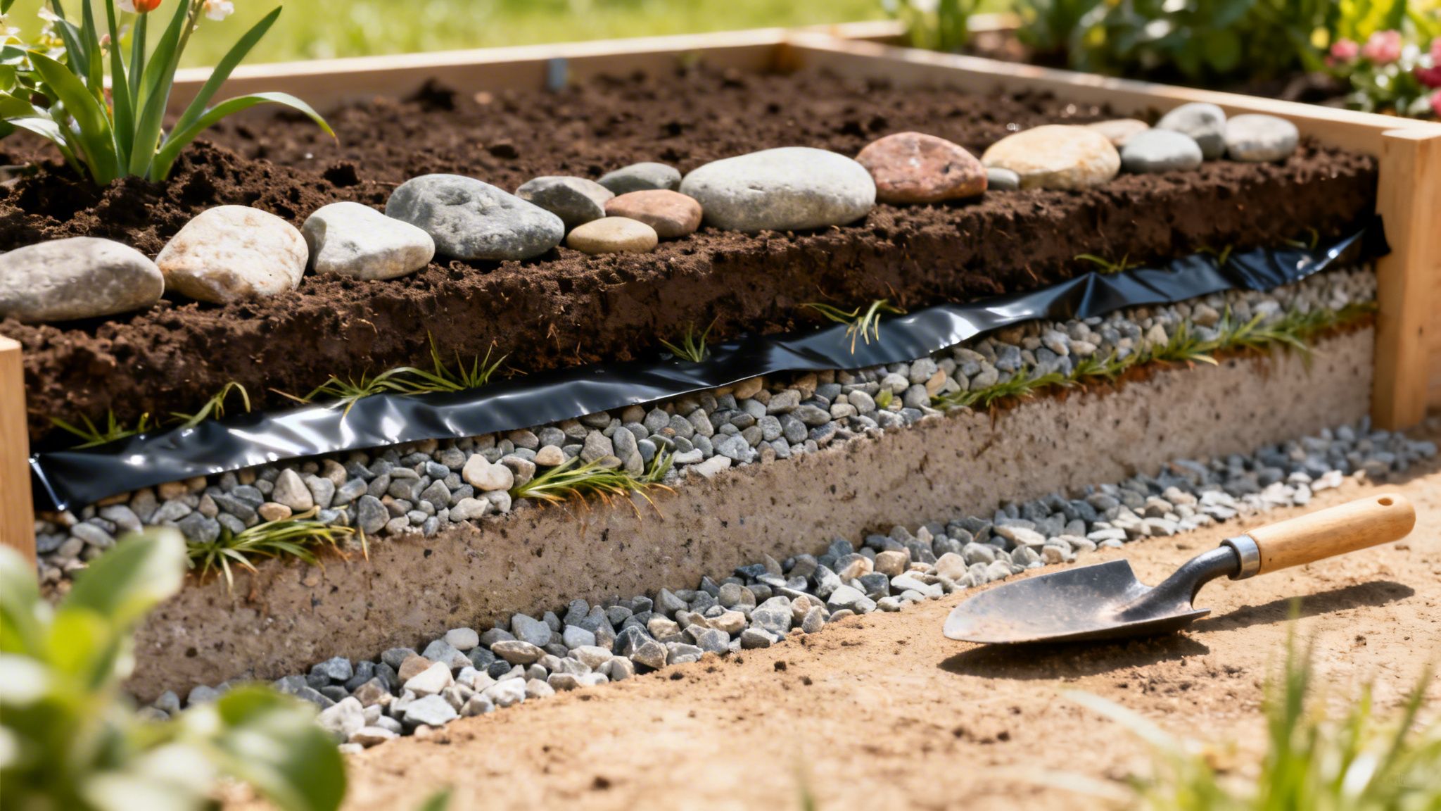 Detaljeret tværsnit af et højbed med lag af jord, sten, en membran, grus og græs, samt en skovl.