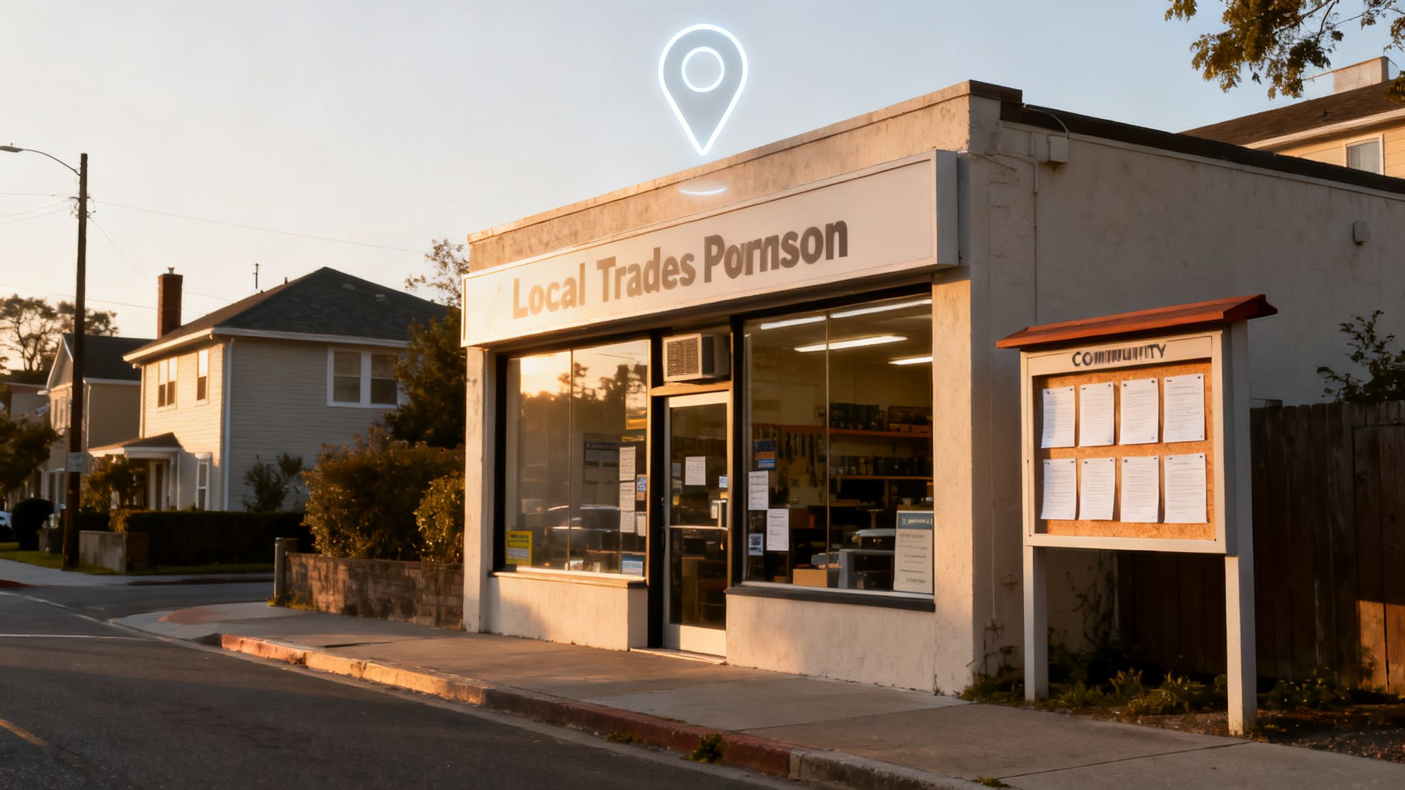 En butiksfacade med skiltet 'Local Trades Pornson' og et lysende kortmarkør over. Til højre ses en opslagstavle for lokalsamfundet.