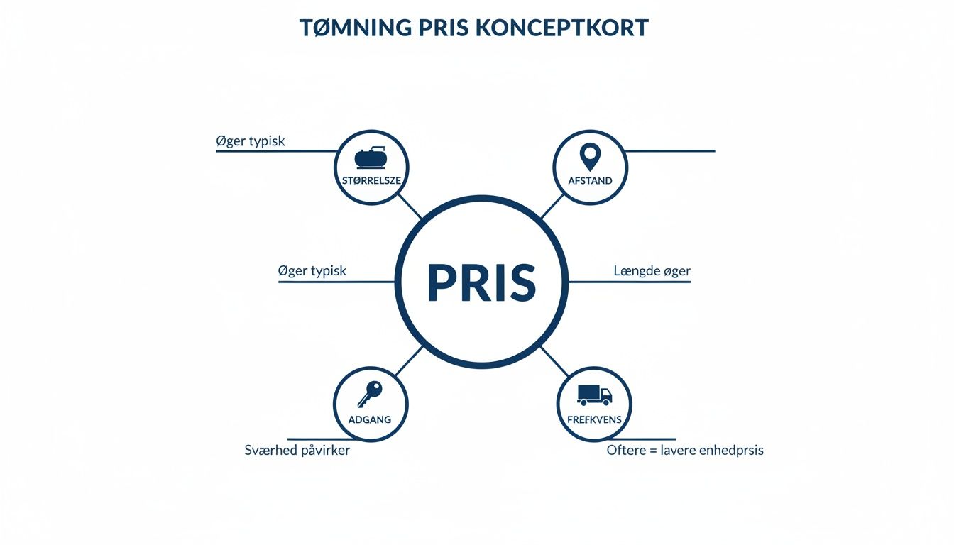 Konceptkort der illustrerer faktorer, der påvirker prisen for tømning, herunder størrelse, afstand, frekvens og adgang.