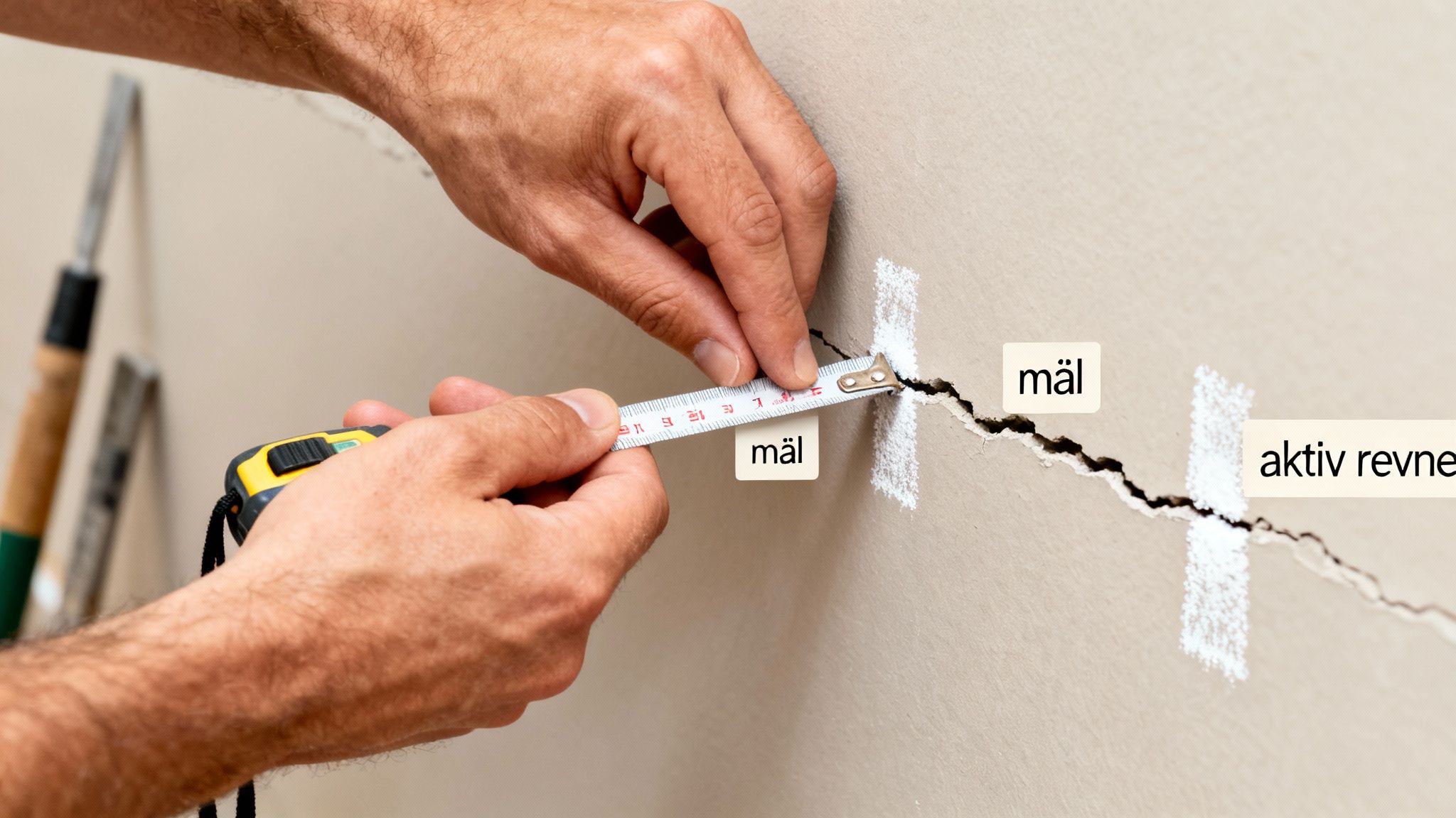 Hænder måler en aktiv revne i en væg med et målebånd, markeret med kridt.