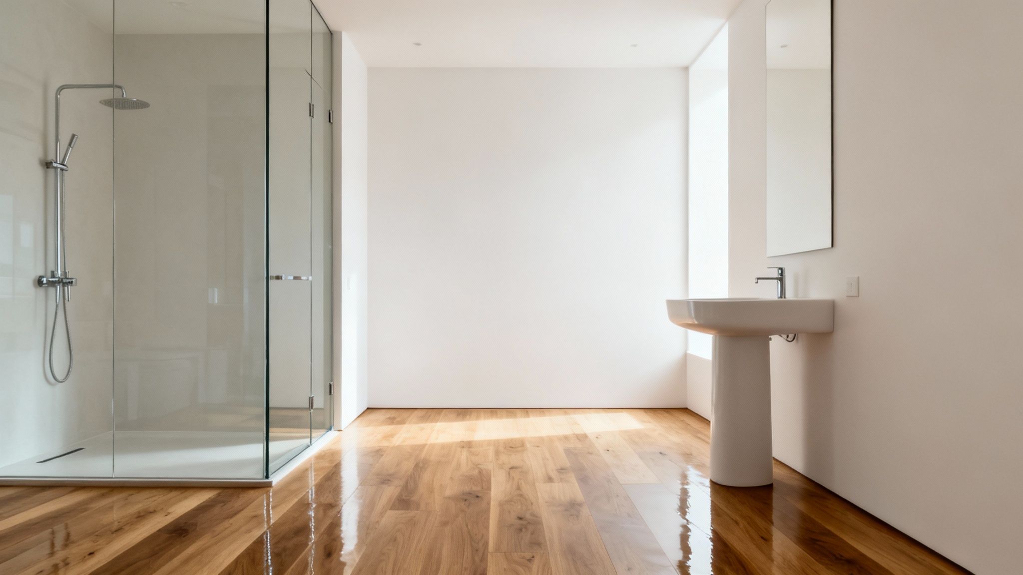 Moderne badeværelse med glasbruser, fritstående håndvask, spejl og skinnende trægulv.