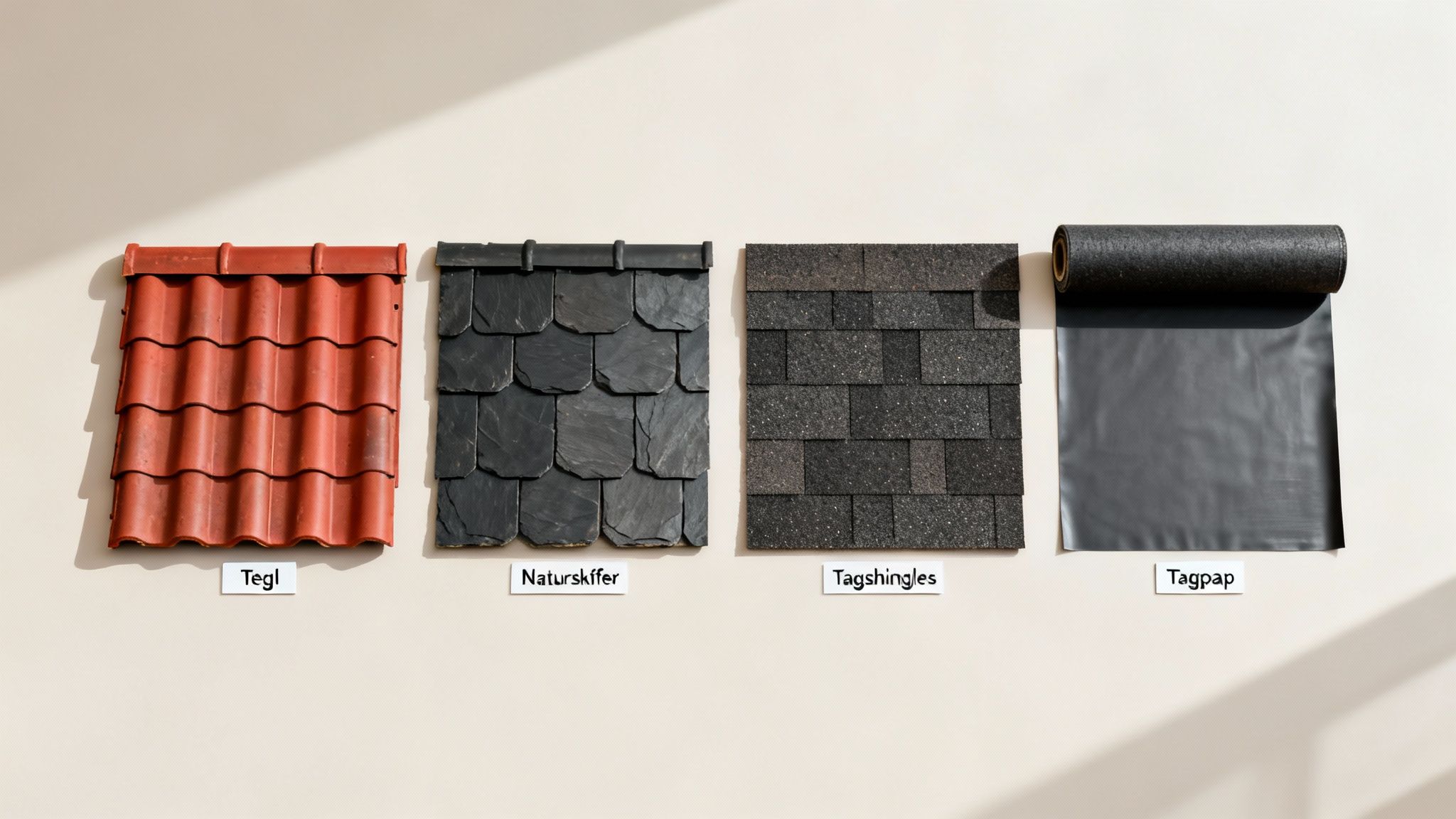 Fire eksempler på tagmaterialer udstillet: røde tegl, naturskiffer, tagshingles og en rulle tagpap.