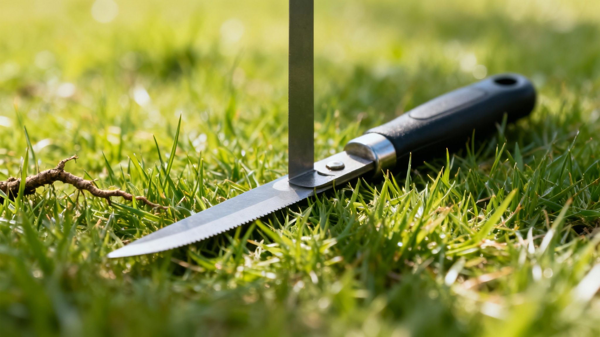 En mand bruger en vertikalskærer til fjernelse af mos i græsplæne.