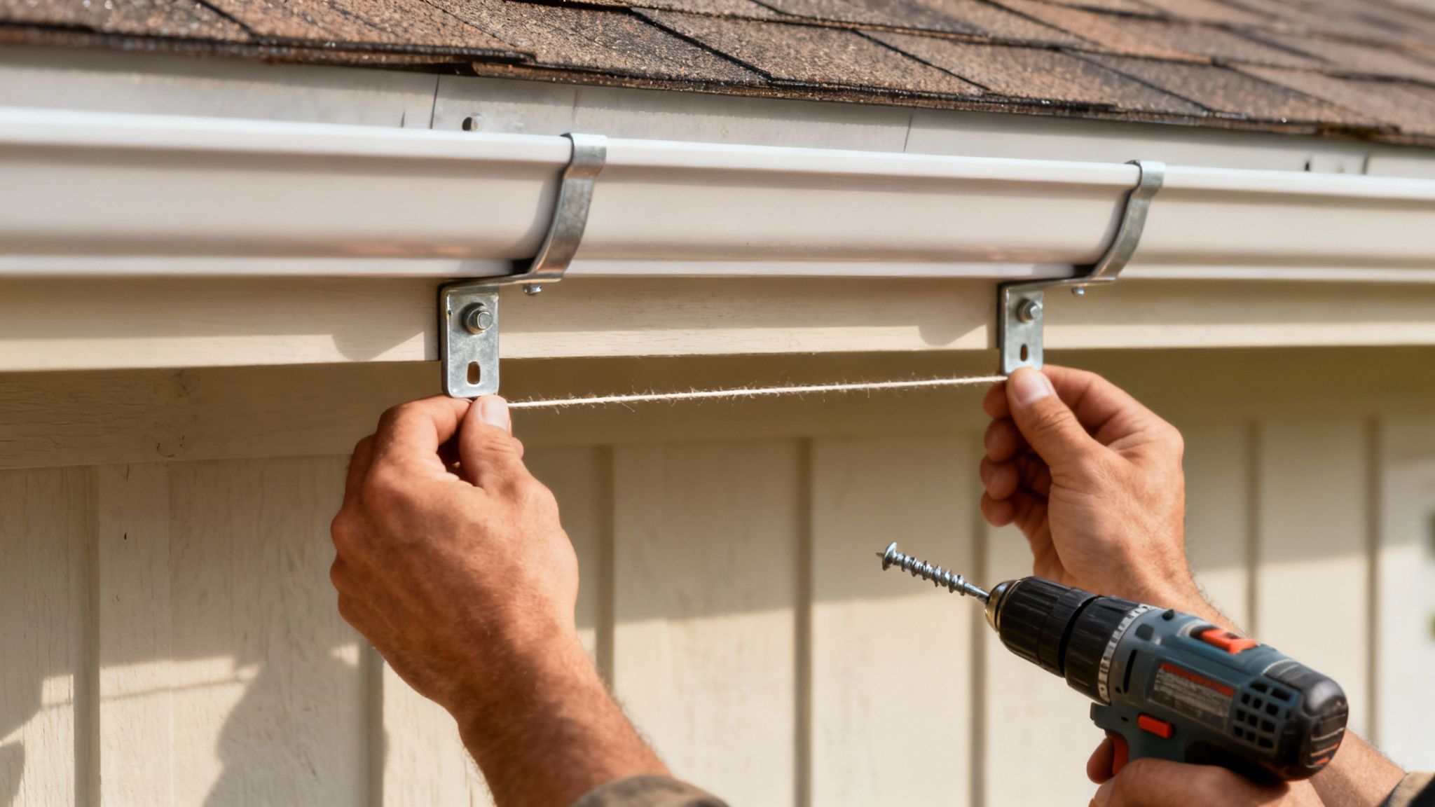En håndværker monterer rendejern på kanten af et tag.