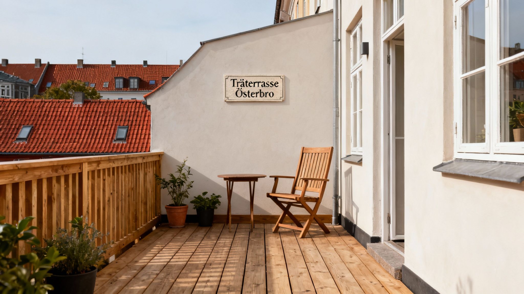 En hyggelig træterrasse med træmøbler, planter og et skilt, der siger 'Træterrasse Østerbro'.