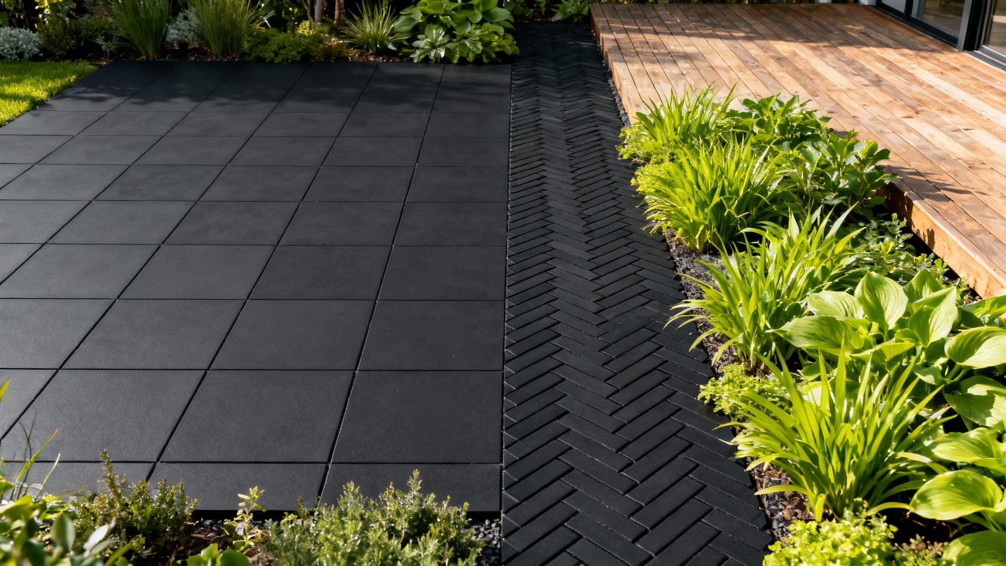Sorte fliser der skaber et unikt design i en have