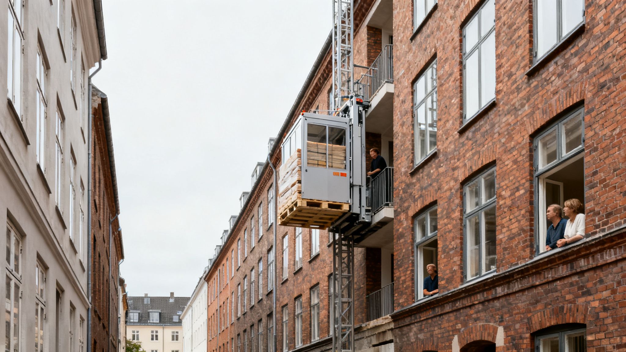En byggehejs flytter materialer op ad en murstensbygning, mens folk kigger ud fra vinduer og altaner.