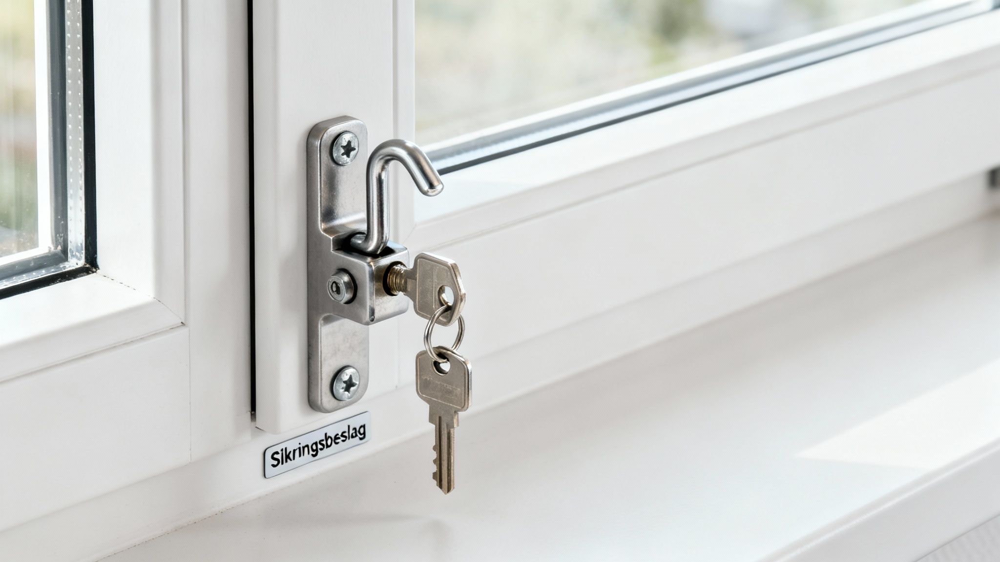 Hvidt vindue med et sølvfarvet sikringsbeslag og nøgler, der hænger fra låsen.