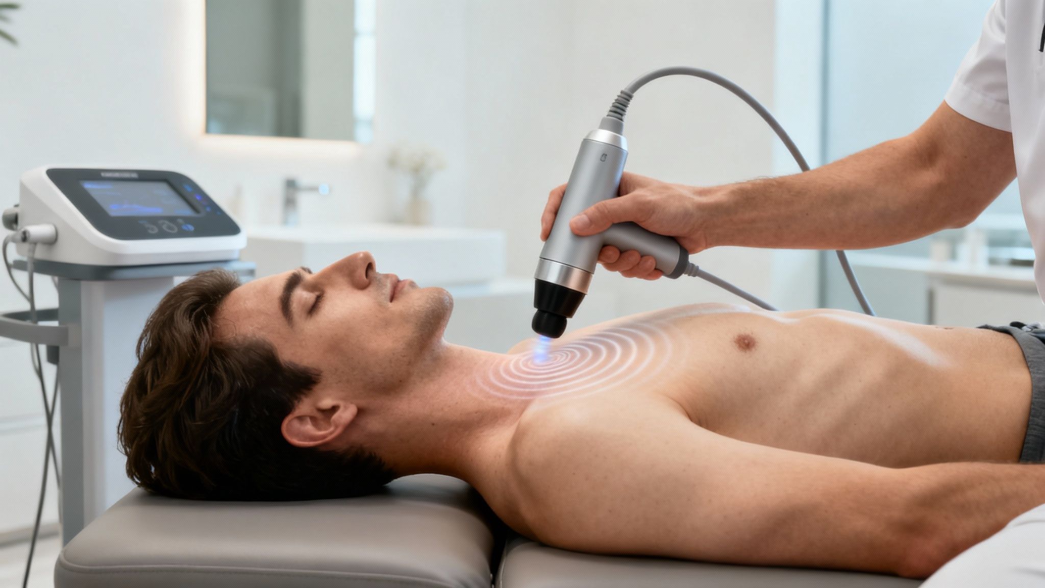 En mand ligger på en briks og modtager shockwave-terapi på nakke og bryst fra en terapeut.