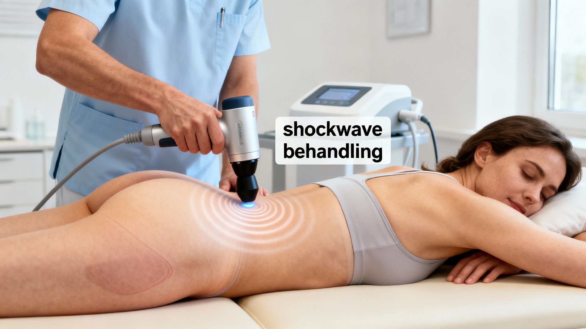 En fysioterapeut giver en kvinde chokbølgebehandling på lænden, med synlige terapeutiske bølger.