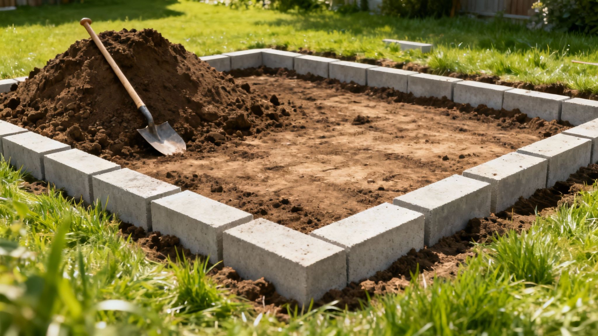 Fundament til et skur under opbygning