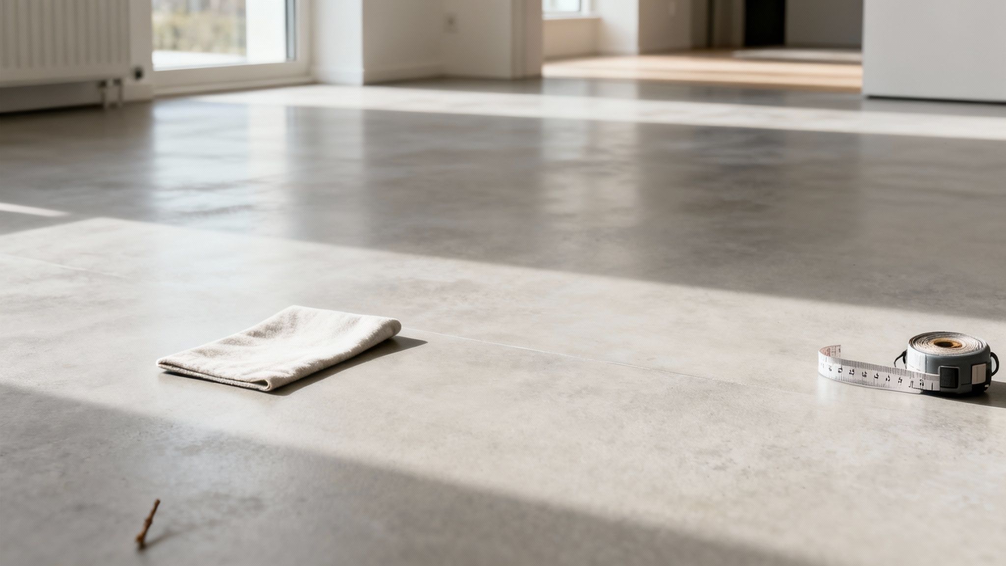Nypoleret betongulv i moderne rum med målebånd og klud klar til efterbehandling