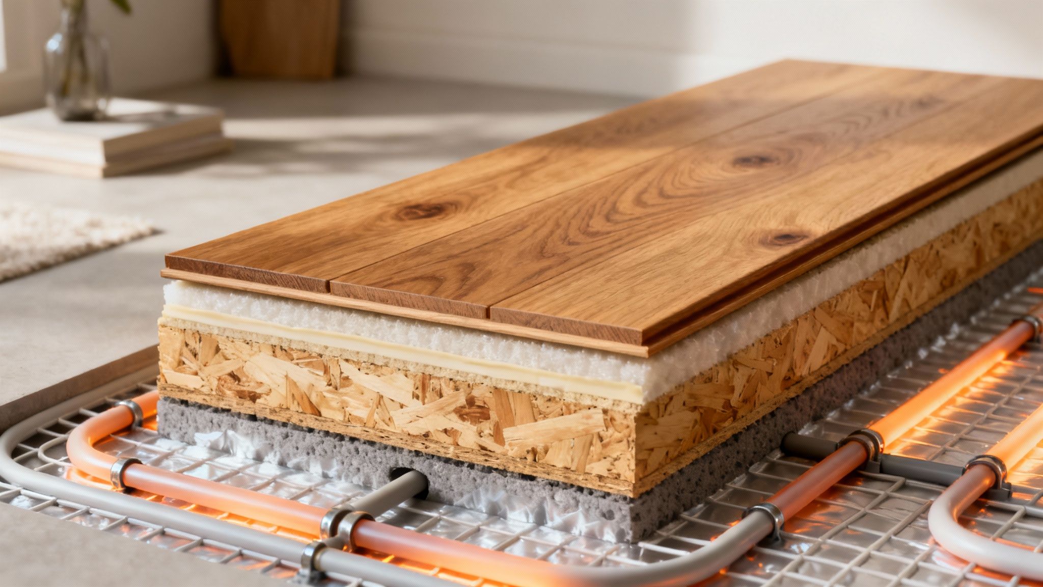 Tværsnit af et gulv, der viser træplanker, isoleringslag og et oplyst gulvvarmeanlæg.