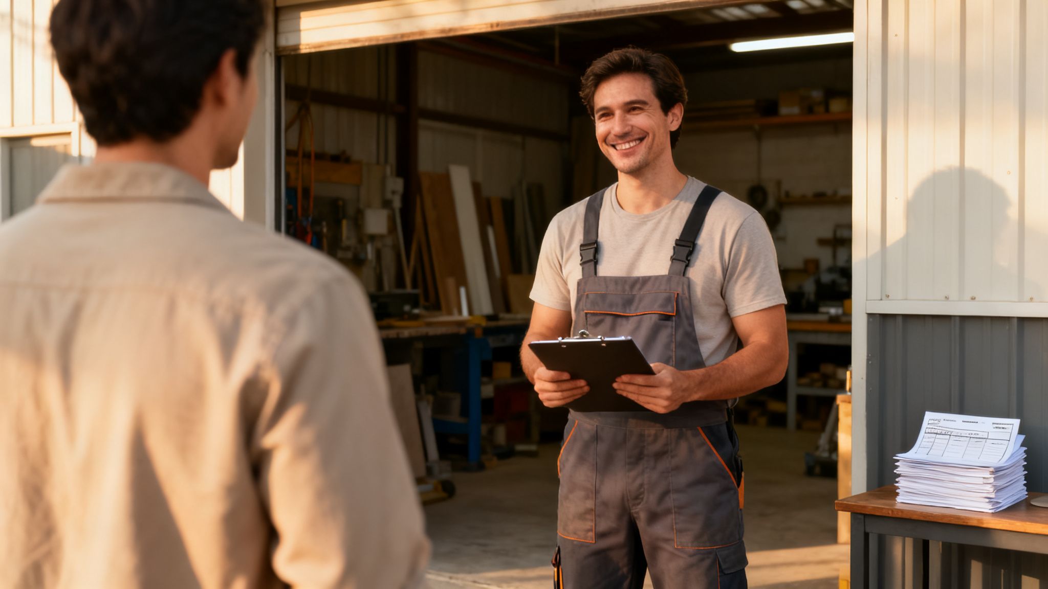 En smilende mand i arbejdstøj holder en udklipsblok og taler med en kunde foran sit værksted.