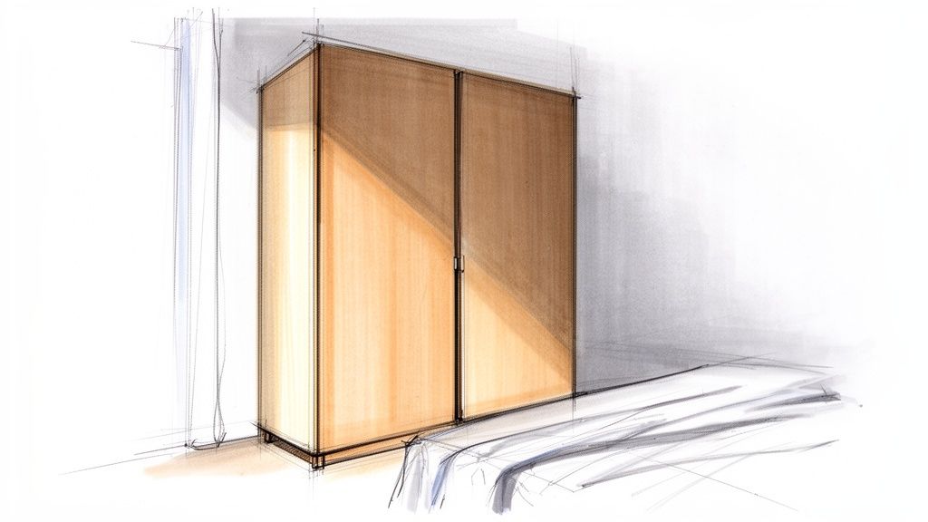Skitseret billede af et moderne garderobeskab i træfarve placeret ved siden af en seng.