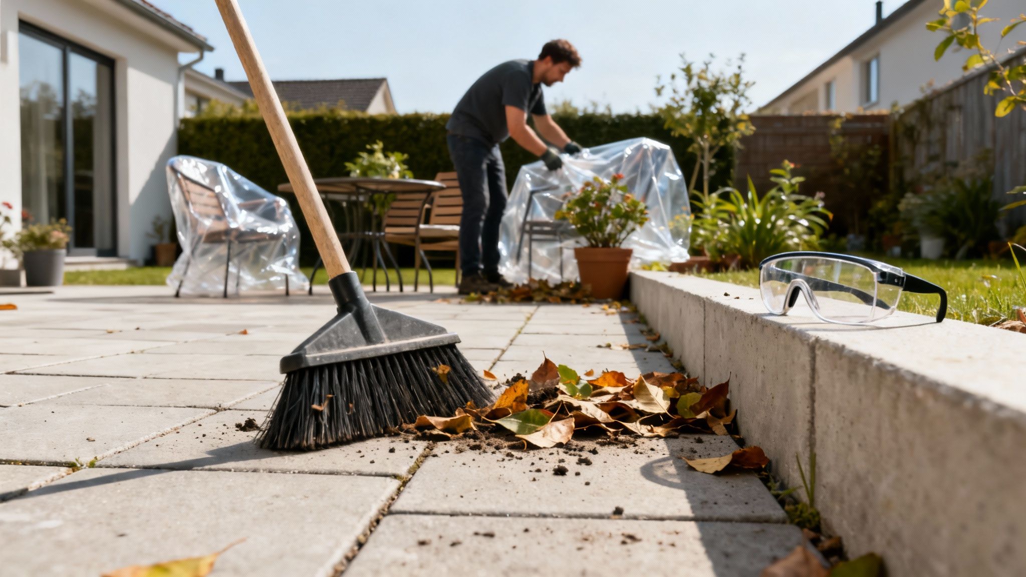 Mand dækker havemøbler med plast på terrassen, mens en kost og efterårsblade ligger foran. Sikkerhedsbriller på kant.
