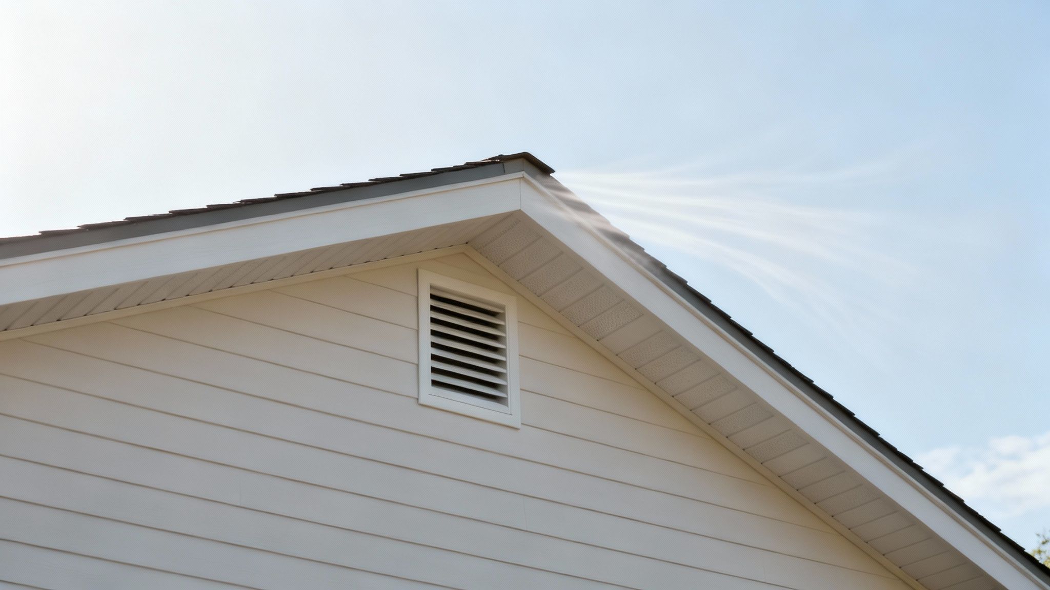 Nærbillede af en hvid husgavl med tag, tagudhæng, gavlventilation og en klar, lys himmel.