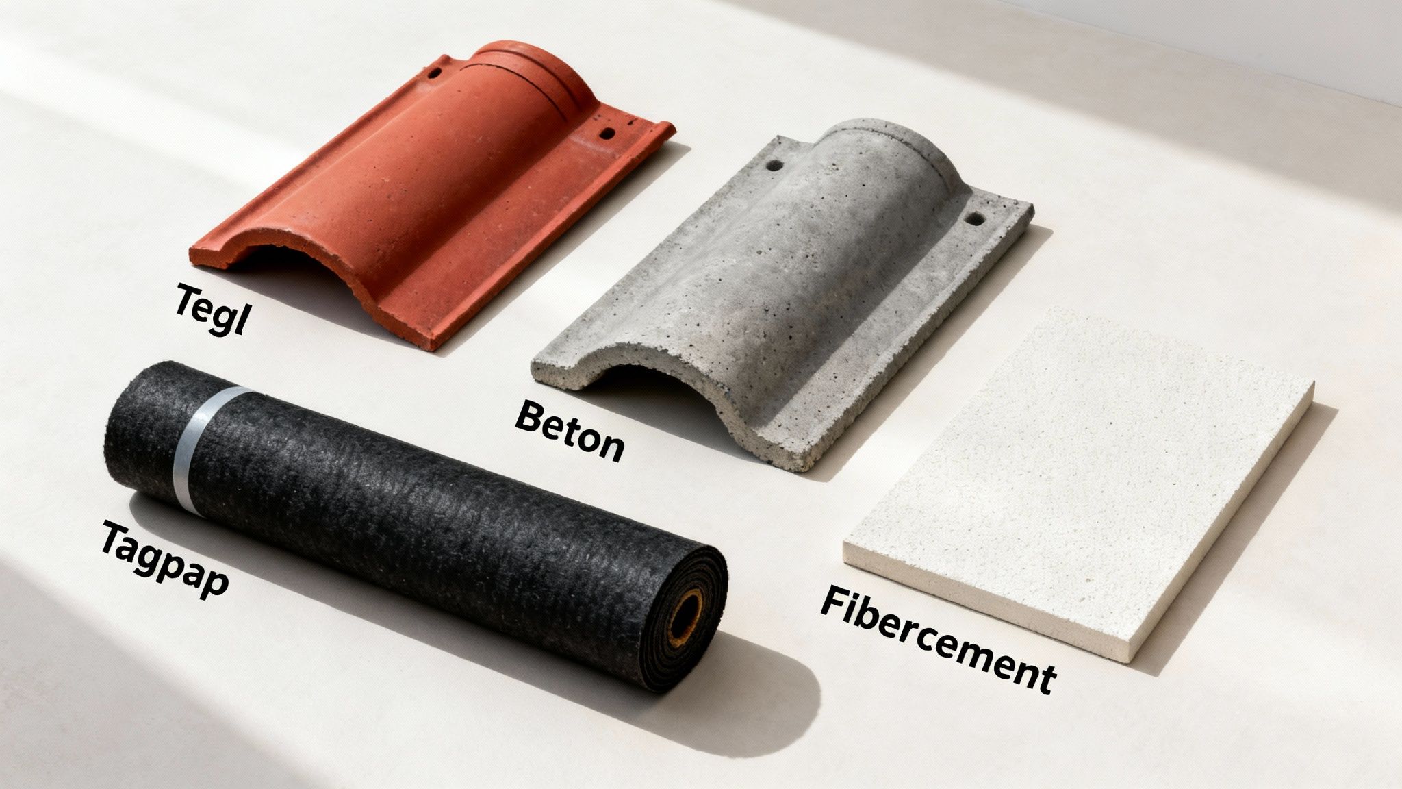 Billedet viser forskellige tagmaterialer: tegl, beton, tagpap og fibercement, velegnet til tagrenovering.
