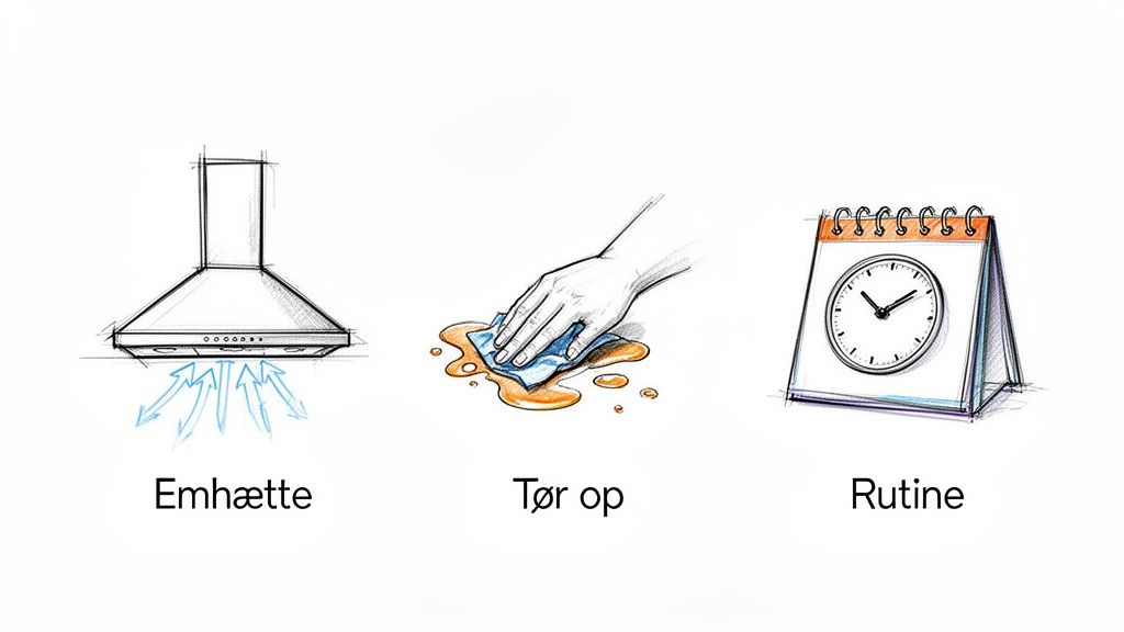 Illustration af køkkenrengøring: emhætte, aftørring af spild og en kalender for rutine.
