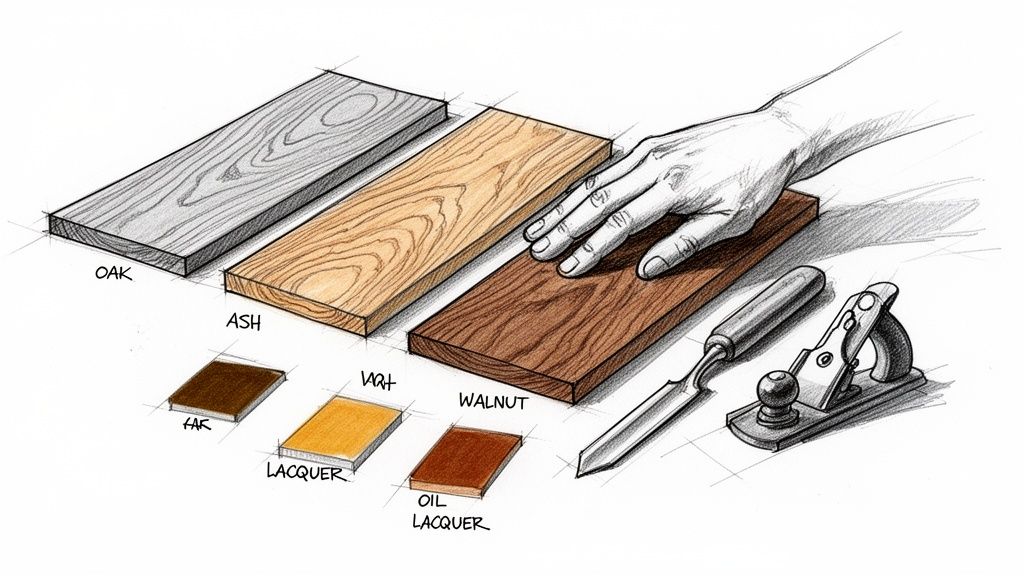 Illustration af forskellige træsorter (eg, ask, valnød), træfinish og træbearbejdningsværktøjer på et bord.