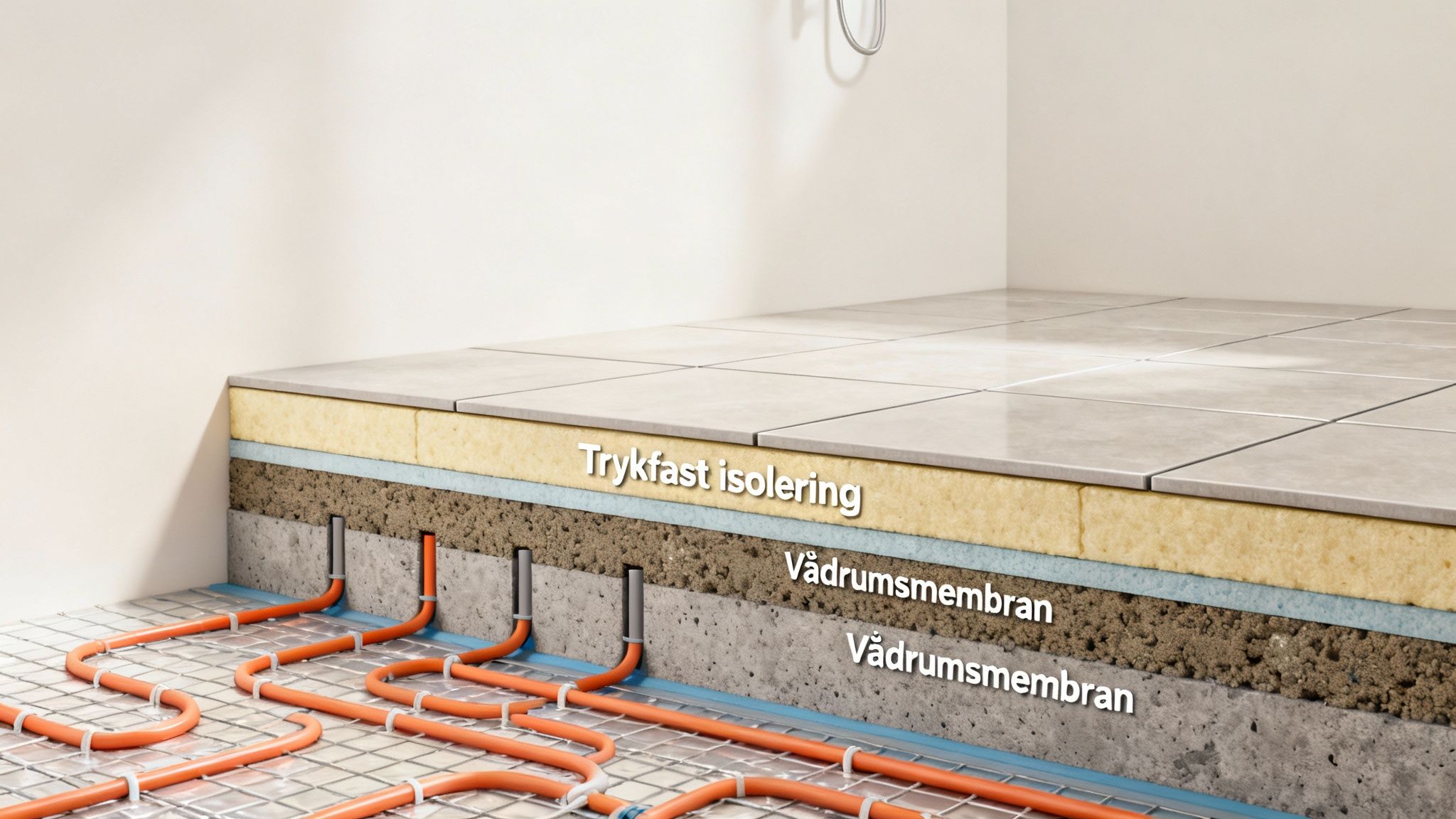 Snit af gulvkonstruktion, der viser gulvvarme, isolering og vådrumsmembraner under fliser i et badeværelse.