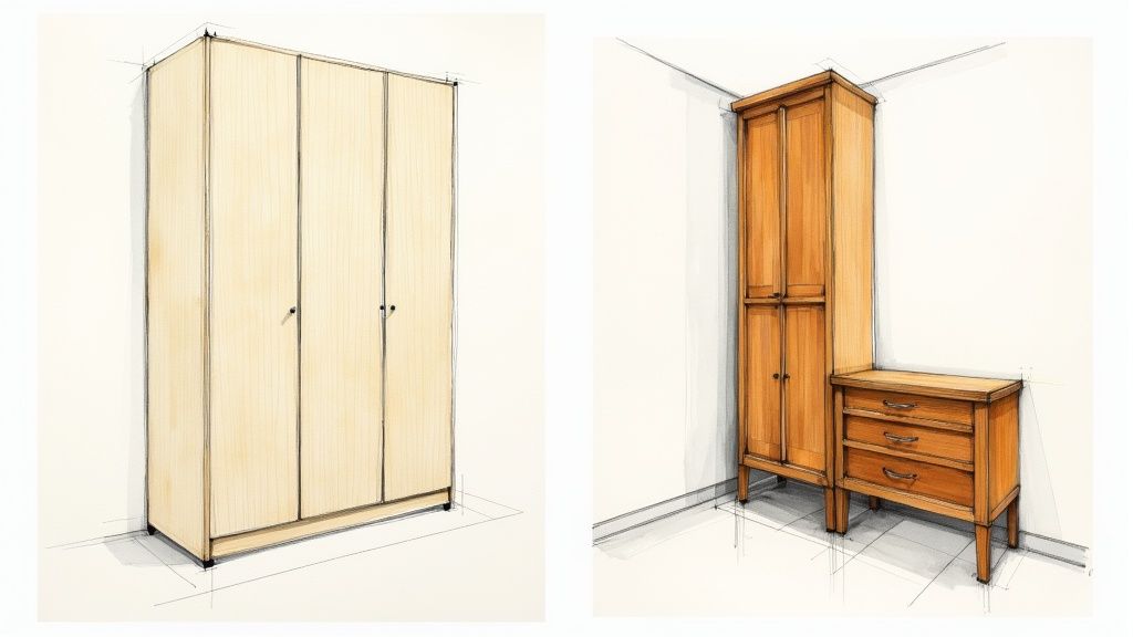 To skitser af træmøbler: et lyst klædeskab med tre døre og en mørk hjørneløsning med skab og skuffemøbel.