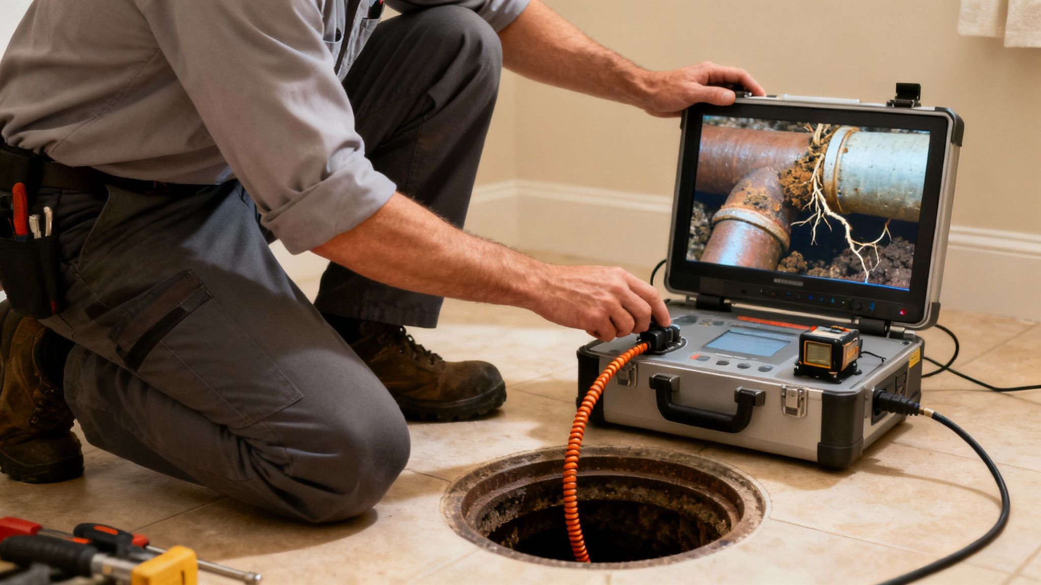 En kloakmester udfører TV-inspektion