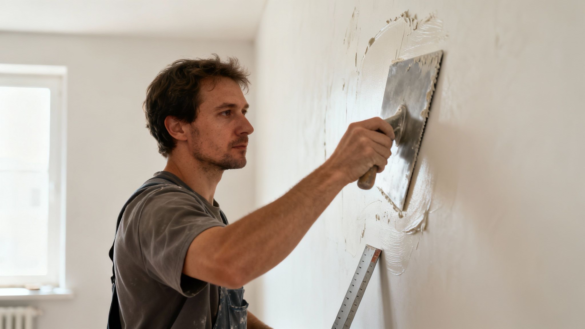 En mand påfører puds på en væg med en murske under renovering af et rum.