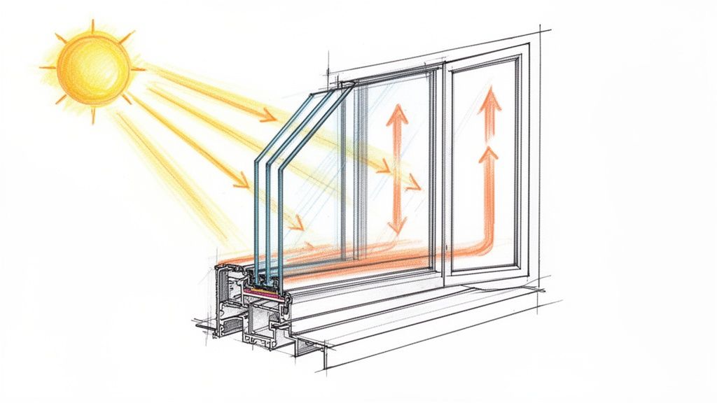 Illustration af et tredobbelt glasvindue, der viser sollys og varmeoverførsel for energieffektivitet.