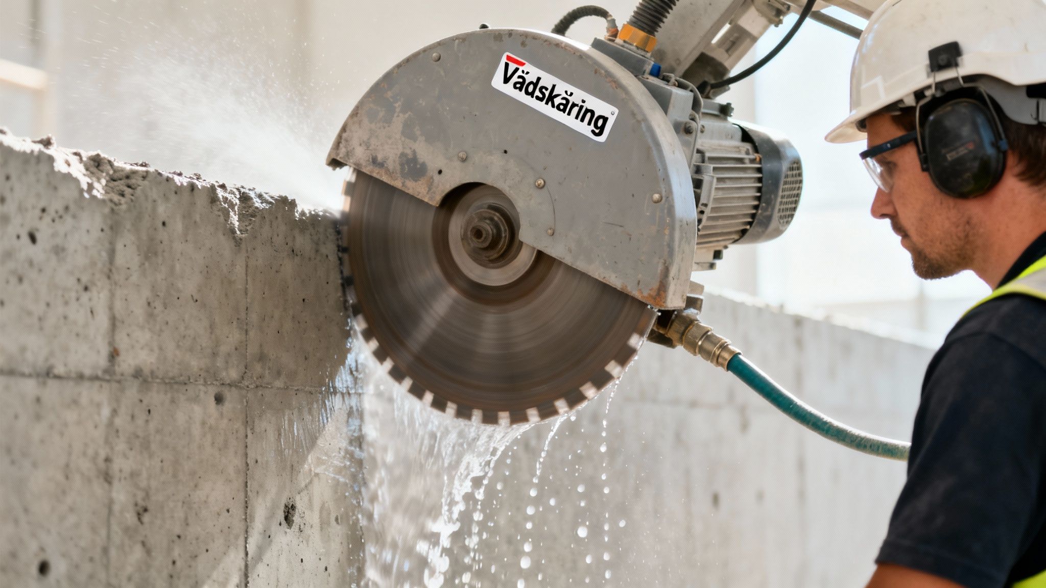En arbejder skærer beton med en stor sav, hvor vand bruges til at reducere støv. Han bærer sikkerhedshjelm og høreværn.