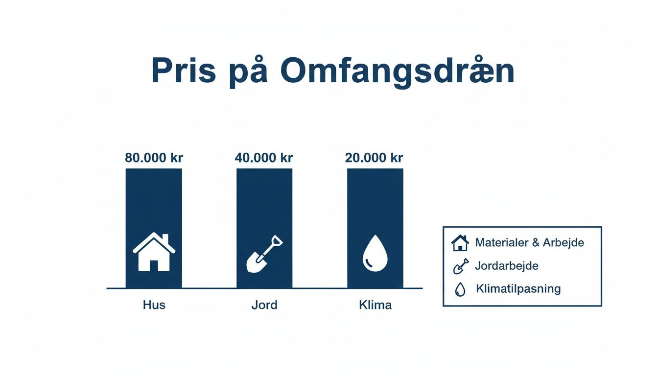 Søjlediagram viser omkostninger for omfangsdræn: materialer, jordarbejde og klimatilpasning, med tilhørende beløb.