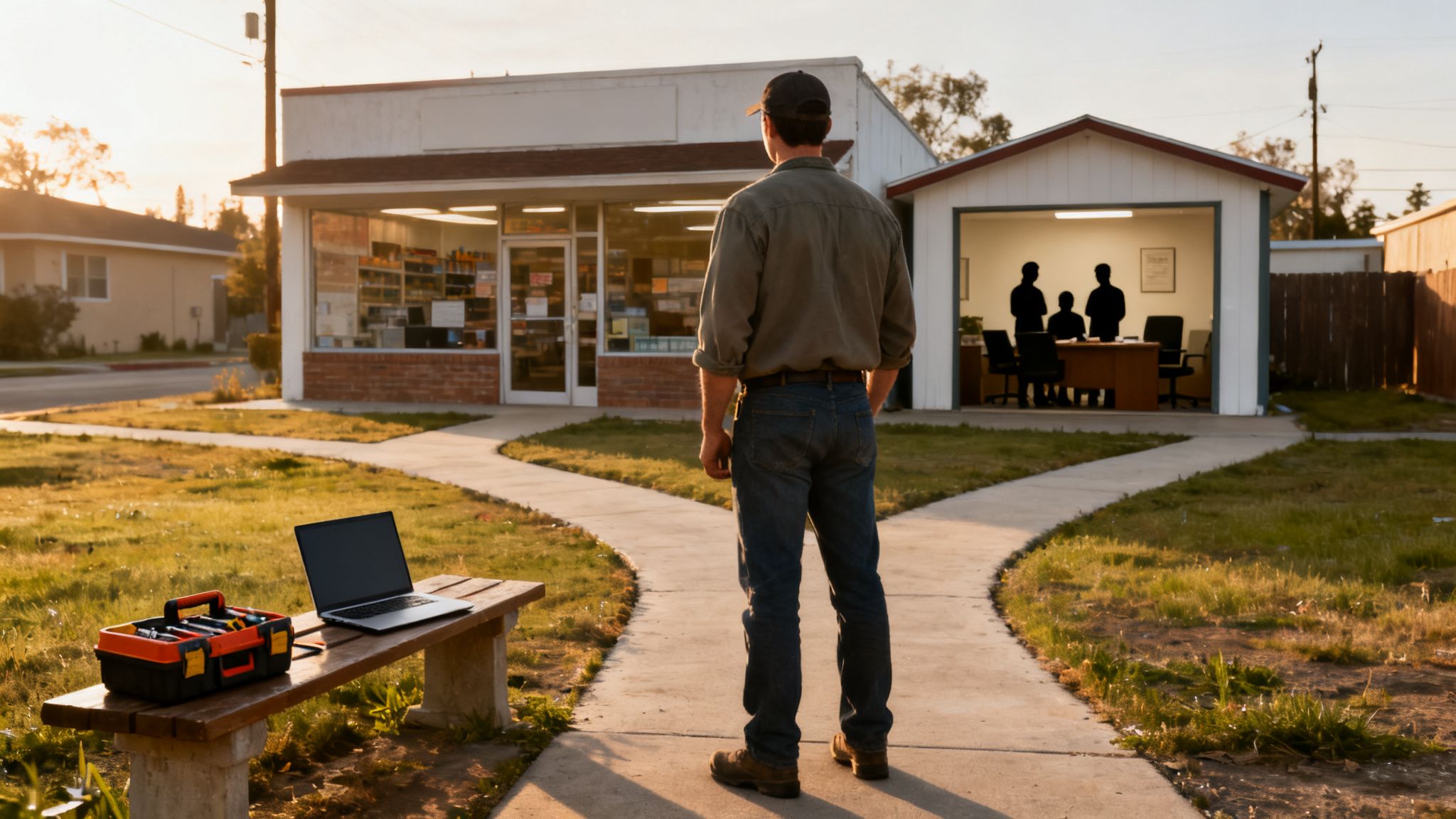 En mand står ved et vejkryds og skal vælge mellem to potentielle karriereveje foran sig.