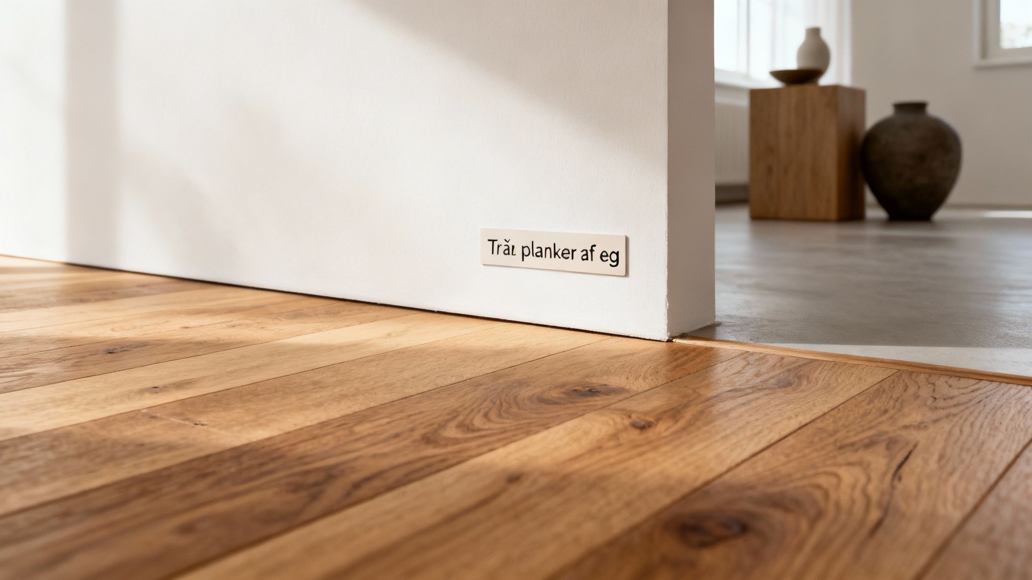 Detaljebillede af egetræsplanker med gulvskift og et skilt på væggen med teksten 'Træ planker af eg'.