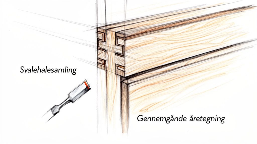 Detaljeret tegning af en svalehalesamling i træ med en mejsel og synlig åretegning.