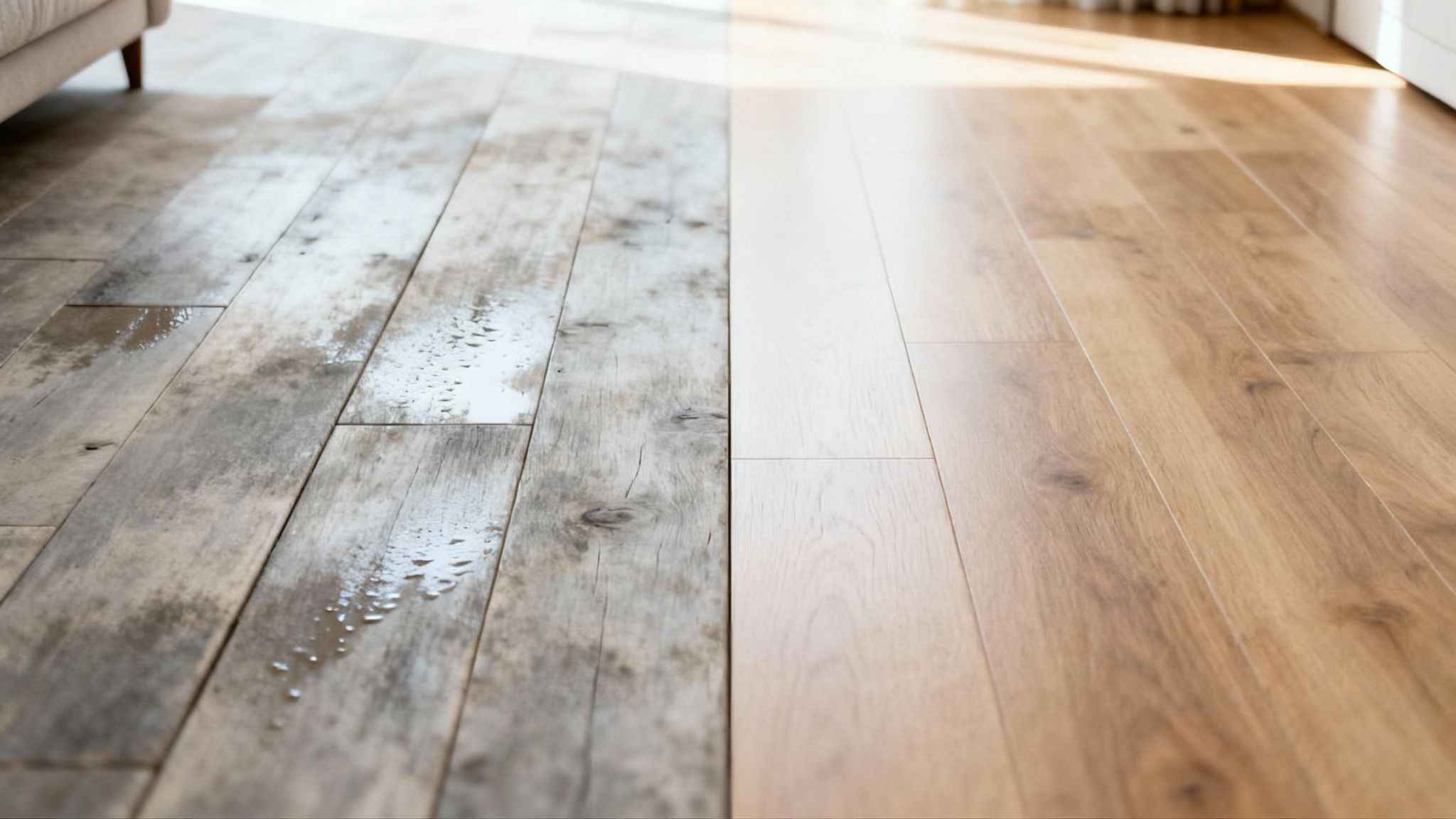 En person vasker et lyst trægulv med en moppe