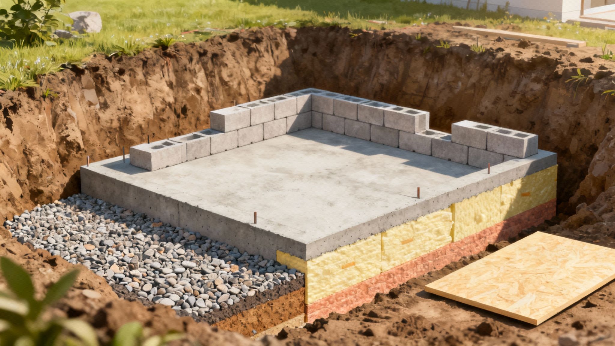 En sokkel under opbygning med fundablokke og isoleringsplader