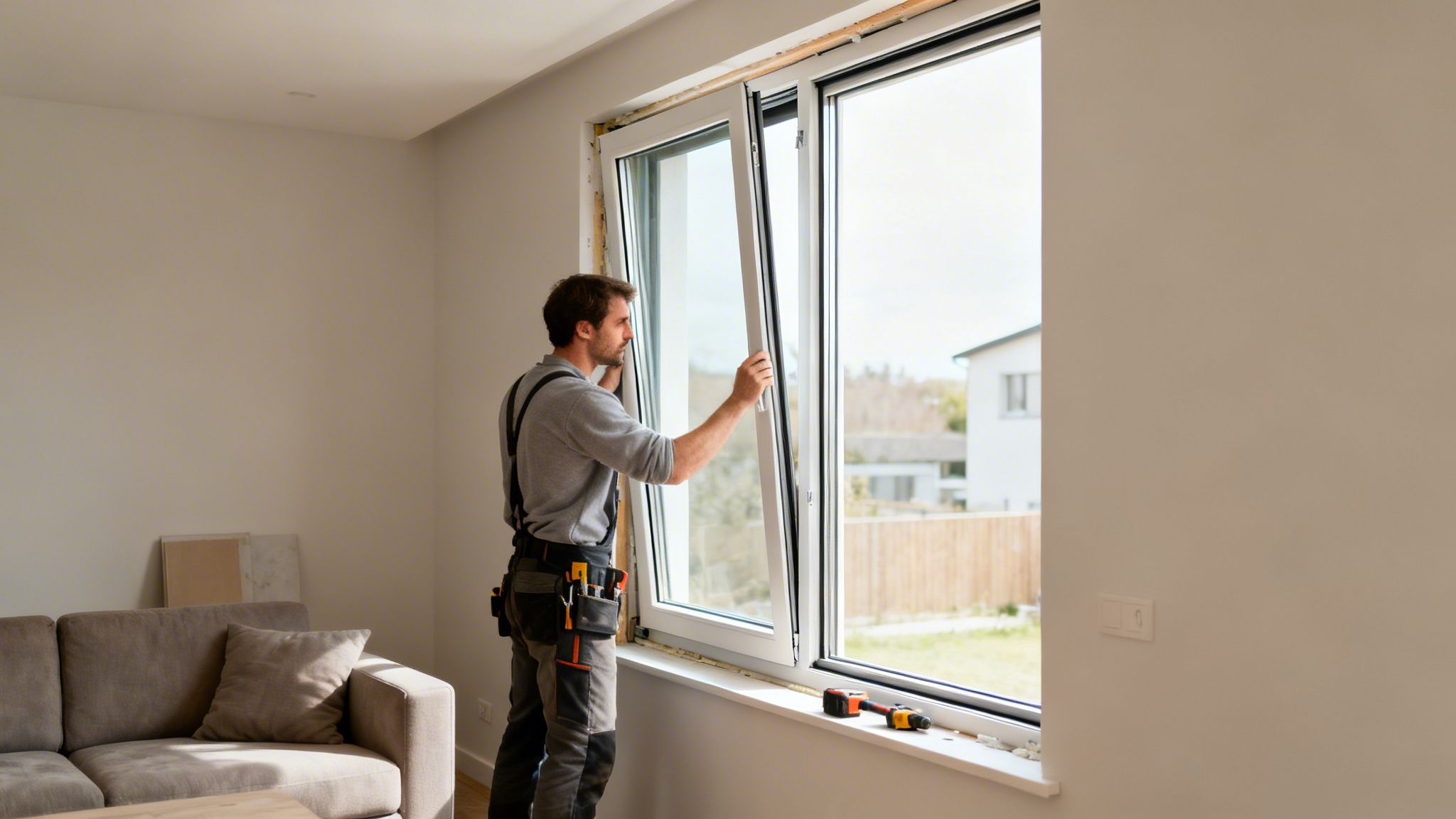 En mand i arbejdstøj installerer et nyt vindue i en stue, mens sollys skinner ind.