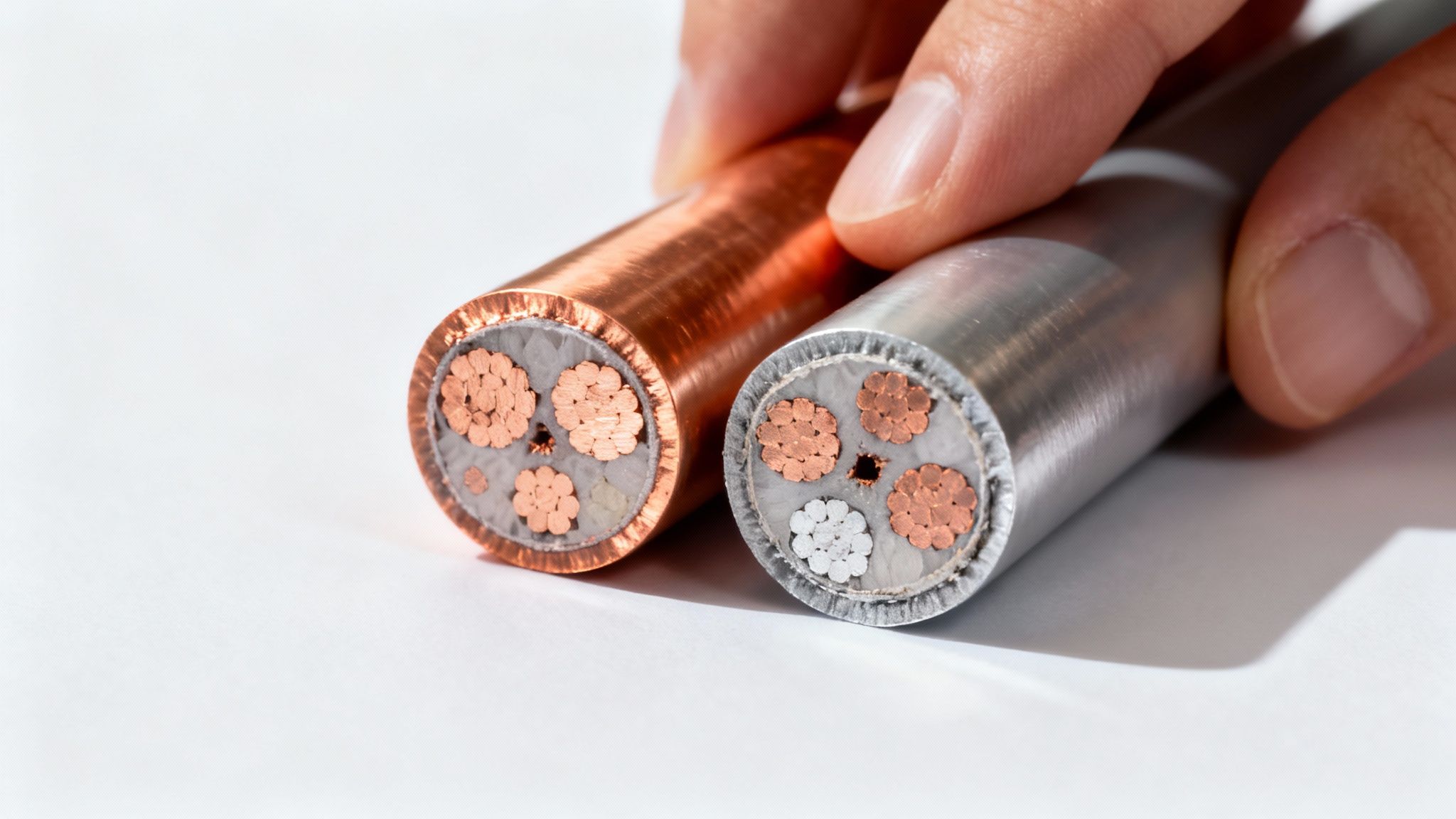 Tværsnit af kobber- og aluminiumskabler med isolerede indvendige ledere, holdt af en hånd.