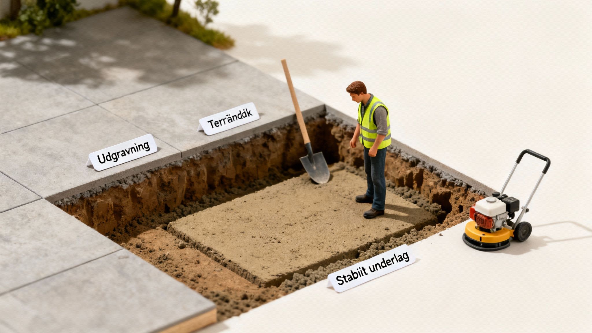 En miniaturemodel viser opbygningen af et terrændæk med udgravning, stabilt underlag og en arbejder.