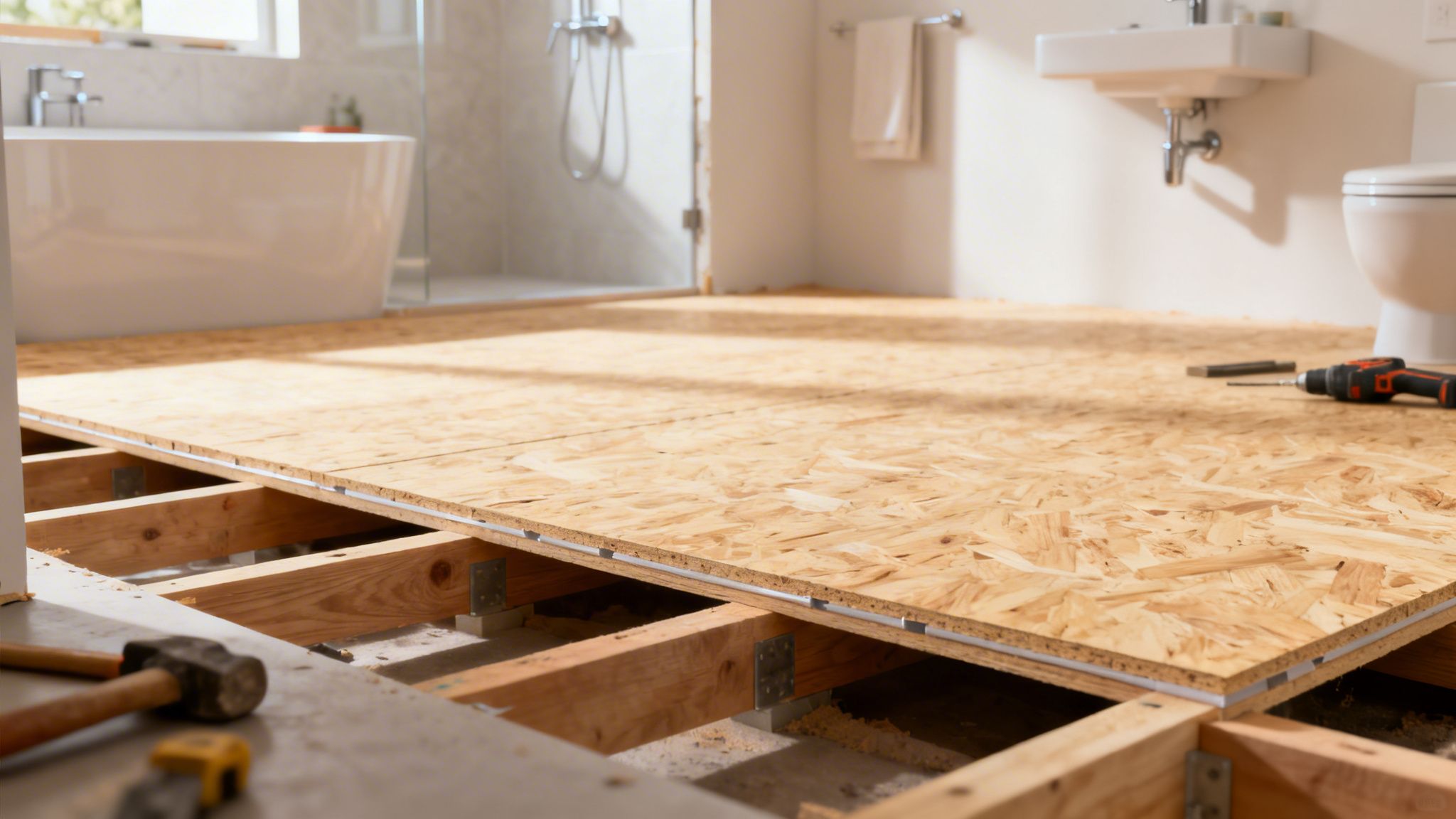 Badeværelse under renovering med vandfast gulvkonstruktion af OSB-plader og træbjælker, værktøj ligger klar.