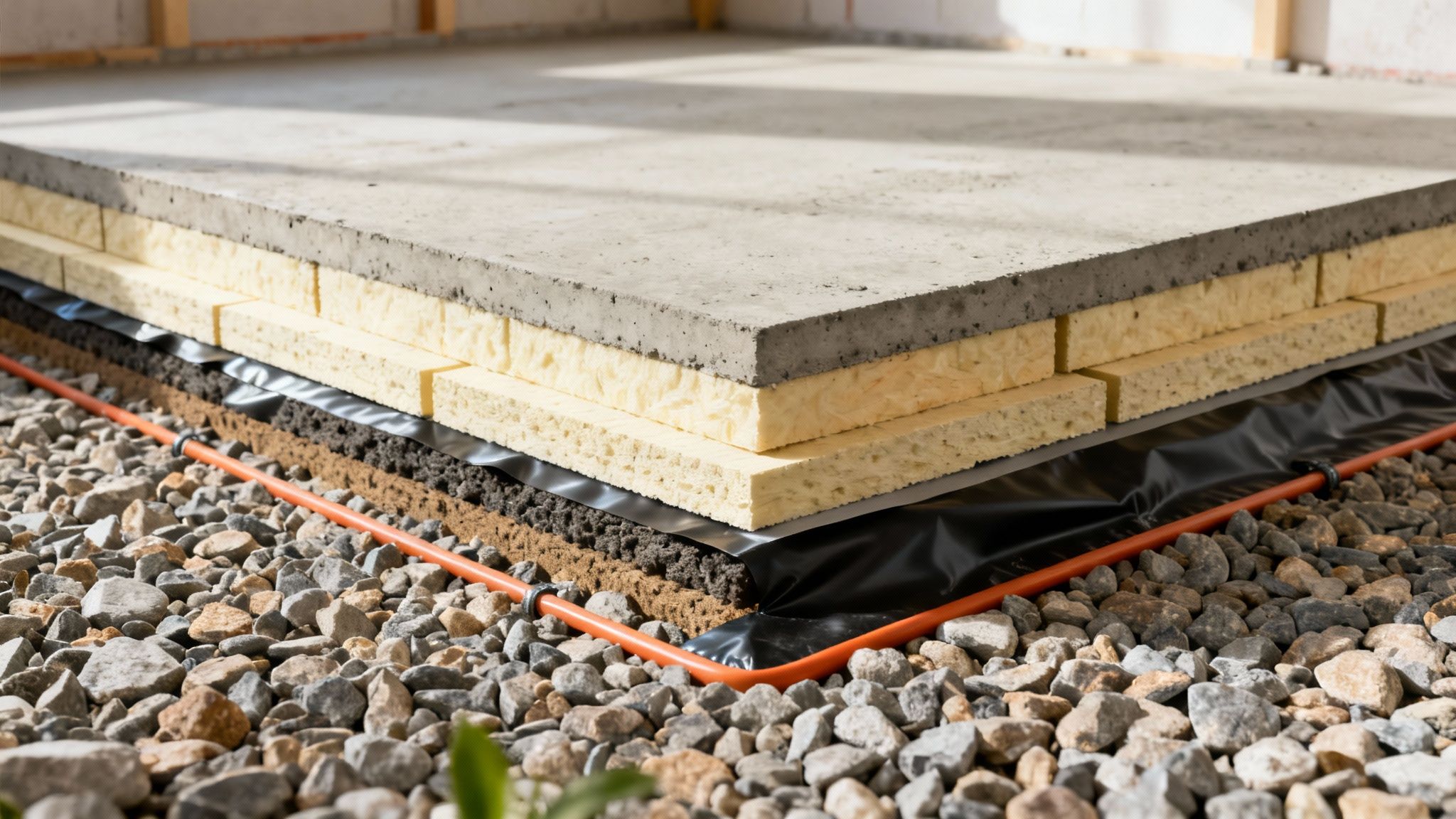 Snit af gulvkonstruktion viser isolering, dræn, varmerør og betongulv, relevant for gulvvarme i kælder.