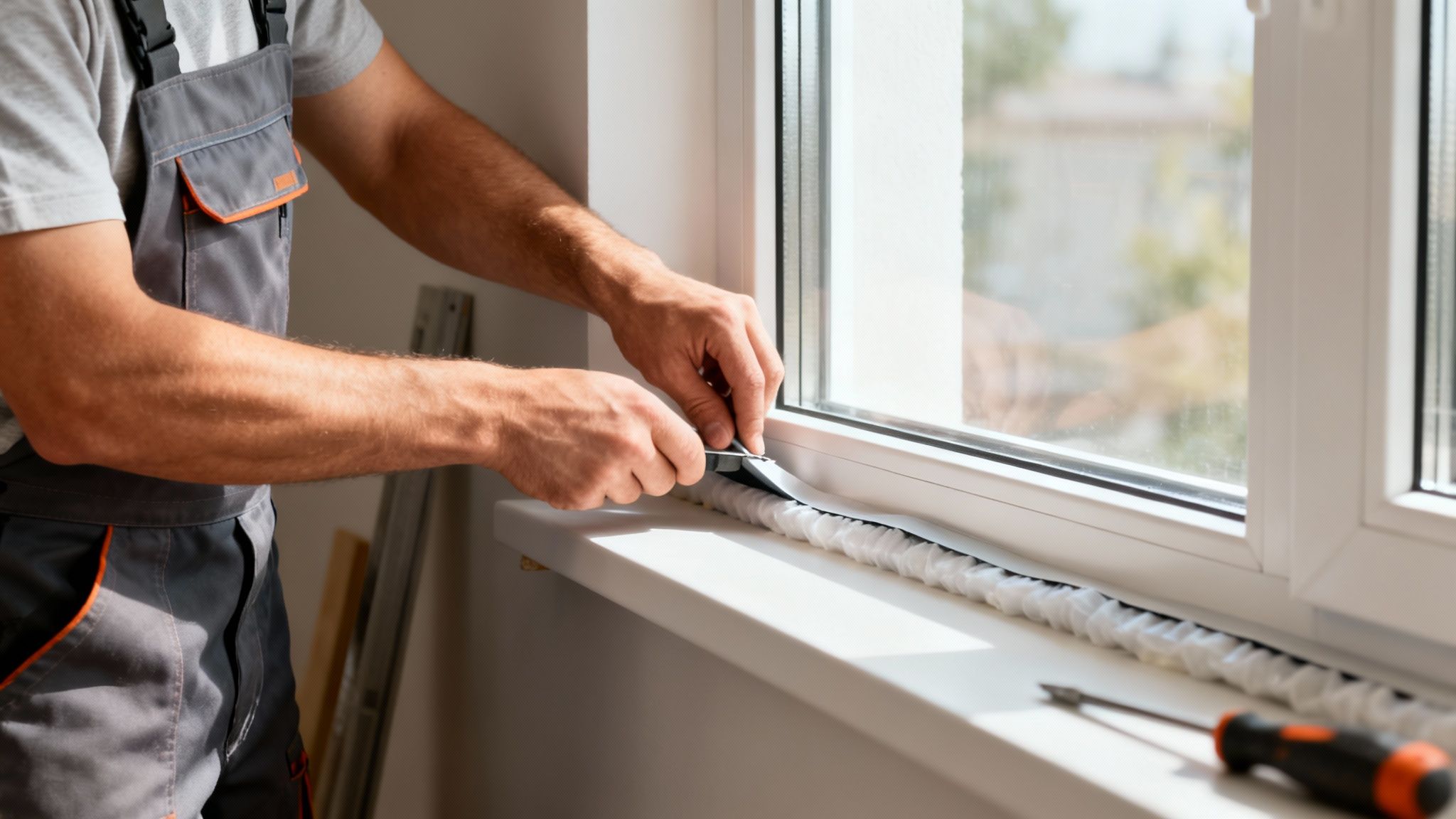 Nærbillede af en håndværker i grå overalls, der omhyggeligt installerer isolering ved en vindueskarm.
