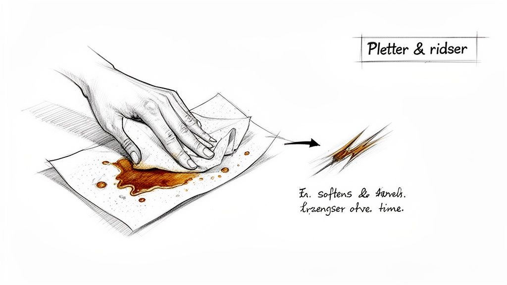 Hånd tørrer spildt væske op fra en overflade med køkkenrulle, illustrerer hvordan pletter opstår.