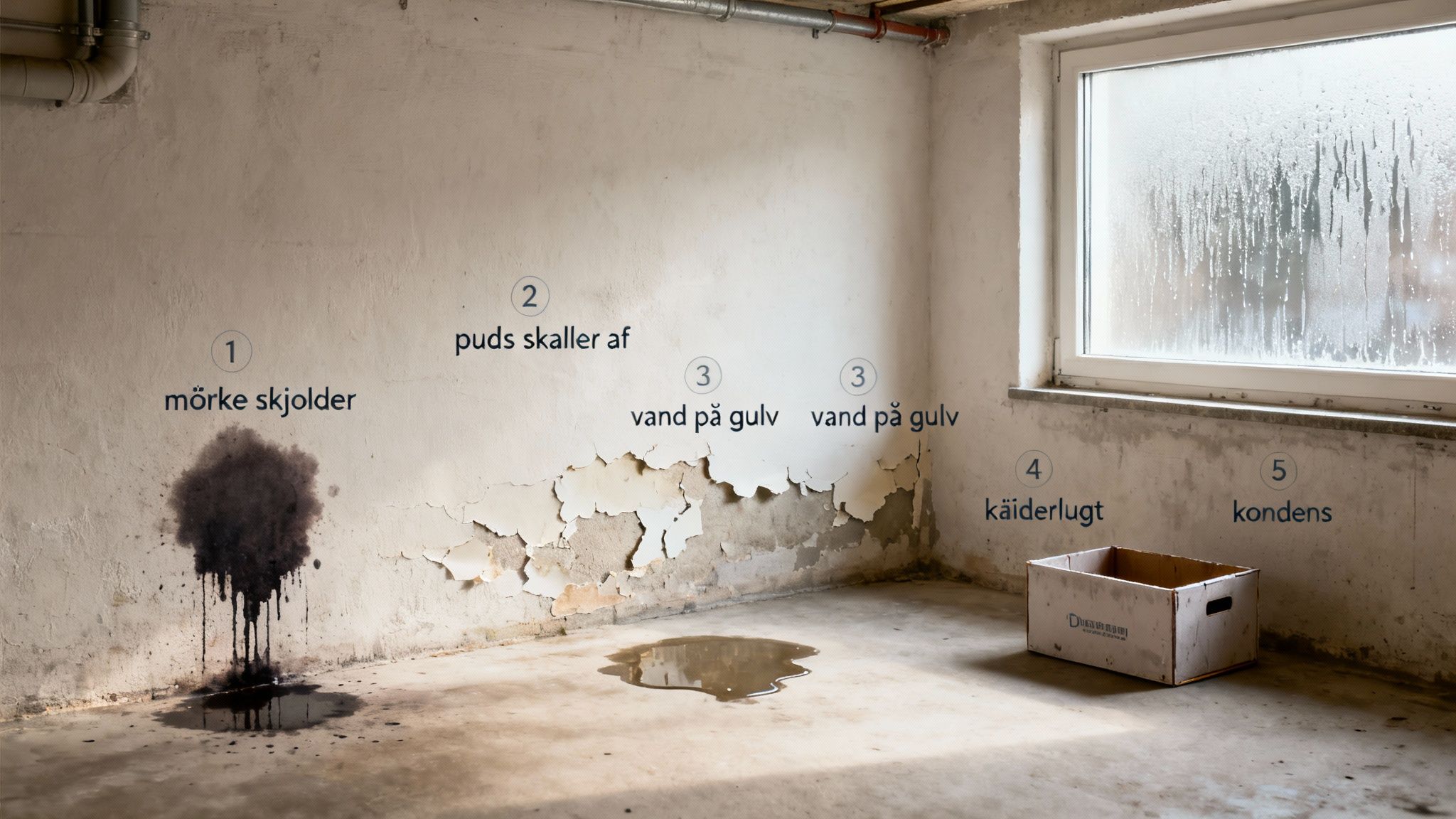 En fugtig kælder med mørke pletter, afskallende puds, vandpytter på gulvet og kondens på vinduet.